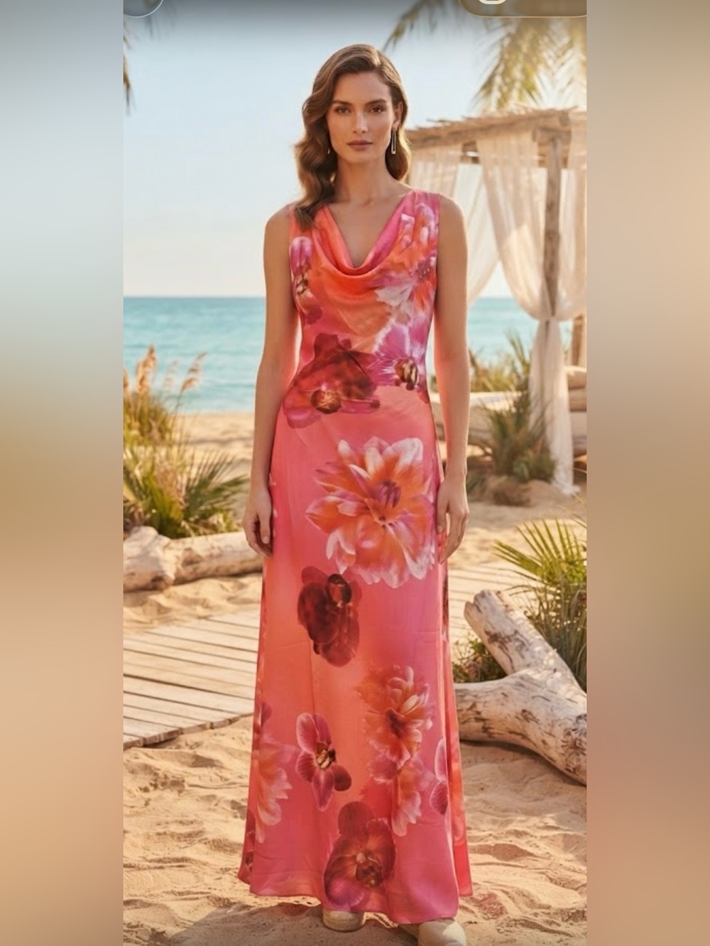 Paper heart cowl neck Maxi Dress in Vibrant Pink
